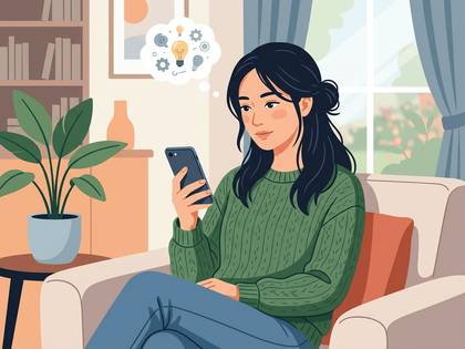 スマホを操作し、アイデアを考える女性のイラスト。