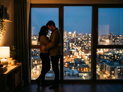 夜景を背景に、窓辺で優しく抱き合うカップル。