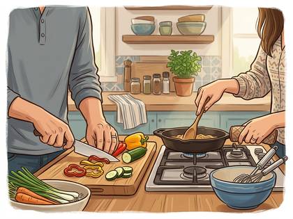 キッチンで野菜を切る男性と炒め物を作る女性の料理風景。