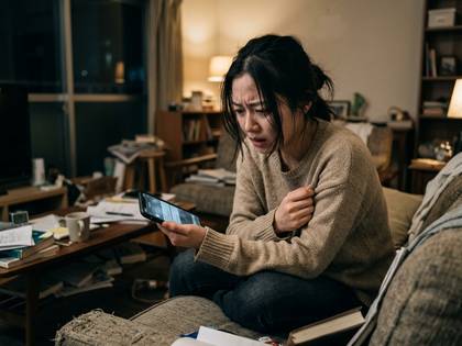 不安げな表情でスマホを見る女性。