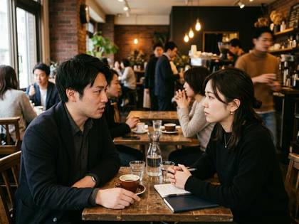 カフェで向かい合って座る男女が真剣な表情で会話している。
