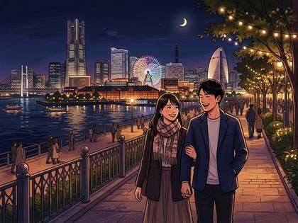 イルミネーション輝く夜景の中、笑顔で腕を組んで歩くカップル。高層ビルや観覧車が見える。