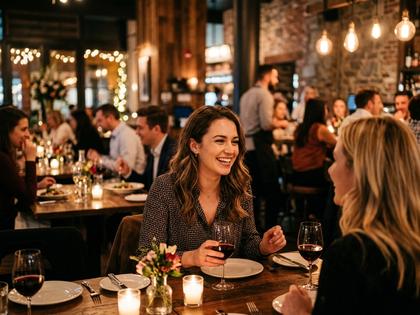 お洒落な雰囲気のレストランでにこやかに会話する女性