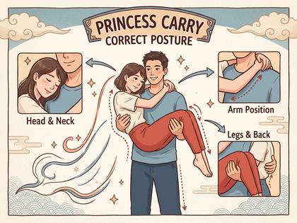 お姫様抱っこの正しい姿勢を解説。頭、腕、脚の支え方を分かりやすく図解。
