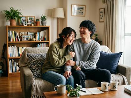 明るいリビングでソファに寄り添い、楽しそうに笑い合う男女。