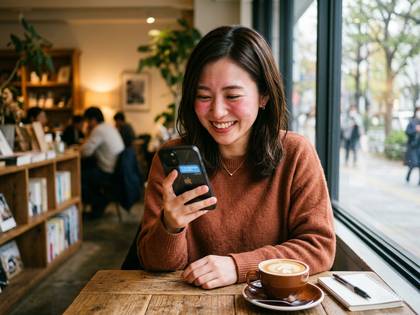 カフェでスマホを見ながらコーヒーを飲む笑顔の女性。