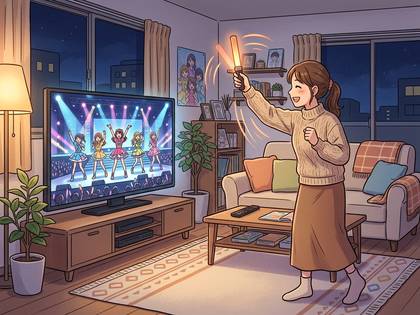 リビングで女性がテレビのアイドルライブを観て、サイリウムを振って応援している。