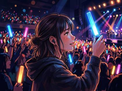 ライブ会場で感動の涙を流し、ペンライトを振る若い女性の横顔。