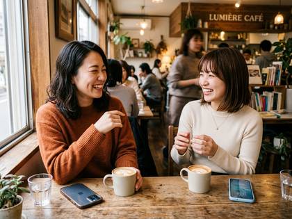カフェで笑顔で談笑する2人の女性。