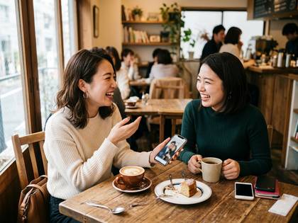 カフェで笑顔でスマートフォンを見せ合う2人の女性。