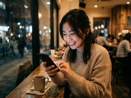 夜のカフェで、笑顔でスマートフォンを操作する女性。
