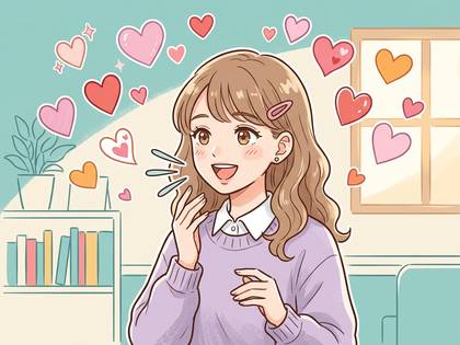 笑顔で話す女性と、飛び交うカラフルなハートが描かれたイラスト。