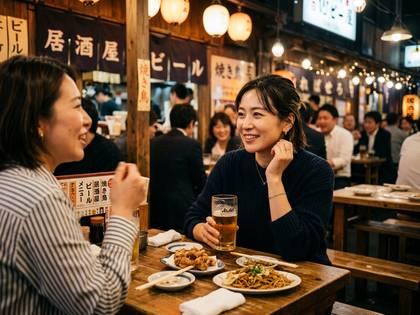 居酒屋で笑顔で食事とビールを楽しむ二人の女性。