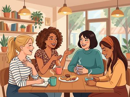 カフェでコーヒーや軽食を囲んで談笑する4人の女性。 (39文字)