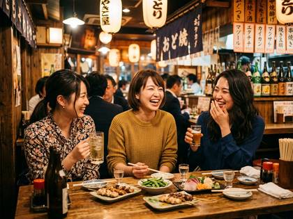 居酒屋で笑顔で食事や会話を楽しむ日本人女性たち。