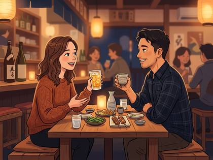 居酒屋で男女が向かい合い、笑顔で食事や会話を楽しんでいる風景。