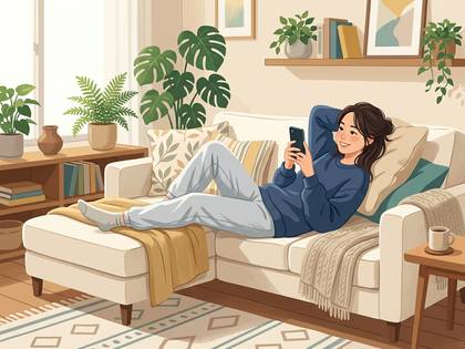 観葉植物のある部屋のソファで、スマートフォンを見ながらリラックスする女性。