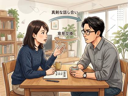 真剣な話し合いで意見を交換する男女。