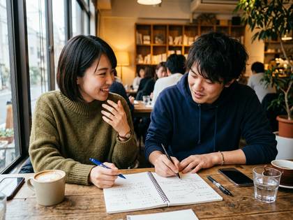 カフェで向かい合う男女が、コーヒーを飲みながら笑顔でノートに書き込み会話する様子。