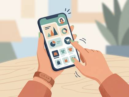 スマートフォンでオンラインショッピングアプリを操作する手のイラスト。