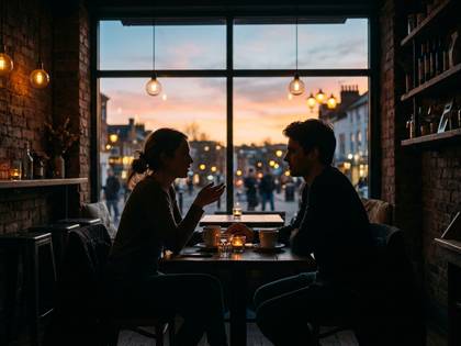 夕焼けの窓越しに、カフェで向かい合って談笑する男女のシルエット。