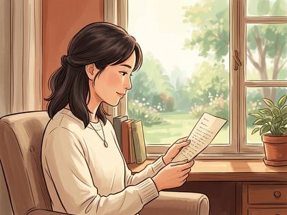 窓辺で手紙を読む女性。外には緑豊かな庭が見える。