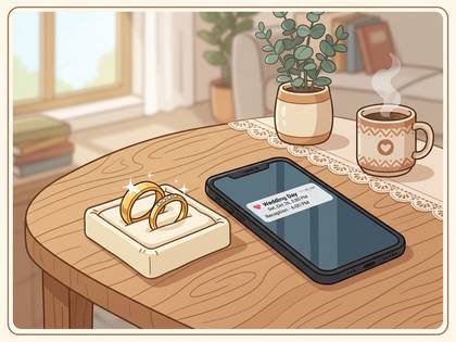 結婚指輪と結婚式通知のスマホ、温かい飲み物と観葉植物が並ぶテーブル。