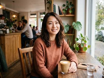 窓際でコーヒーを持つ笑顔のアジア人女性。