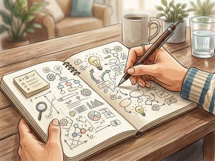 開いたノートにアイデアや計画の図を手書きする人の手元。