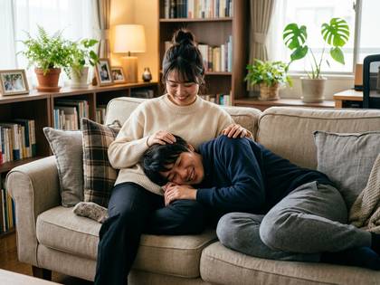 リビングのソファで膝枕をして幸せそうに微笑む男女。