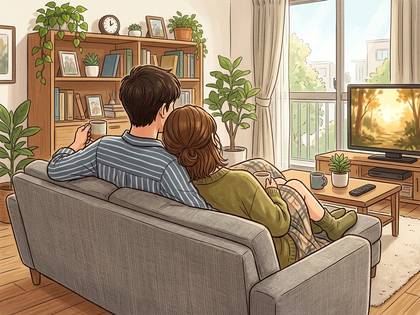 リビングのソファで寄り添ってテレビを観るカップル。
