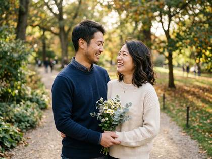 秋の公園で笑顔で見つめ合うカップル。女性は花束を持つ。