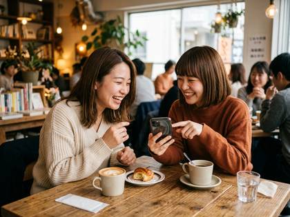 カフェでスマートフォンを見ながら笑い合う二人の女性。