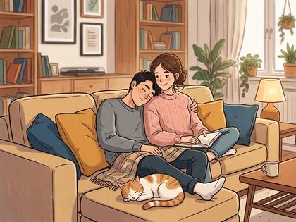 ソファで寄り添い読書するカップルと眠る猫。