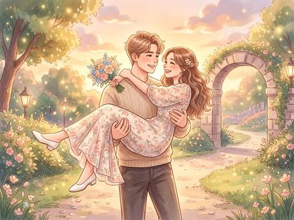 お姫様抱っこをするカップルのイラスト、淡い色合いで温かい雰囲気