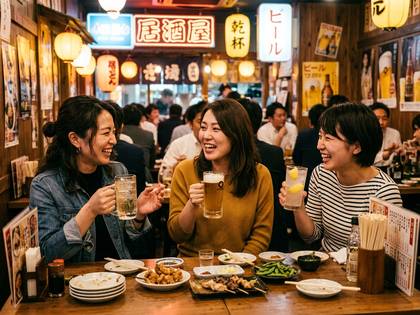 笑顔の女性3人が日本の居酒屋で食事と飲み物を楽しむ様子。