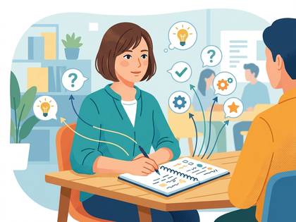 会議でアイデアを出し合い、メモを取る女性のイラスト。