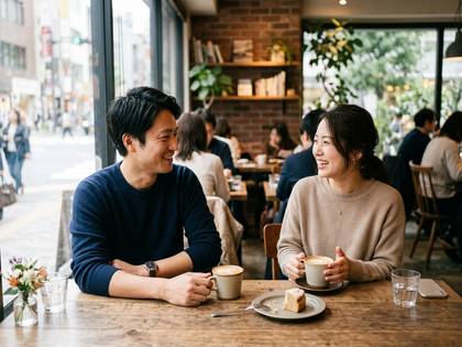 カフェでコーヒーを片手に笑顔で会話する男女。