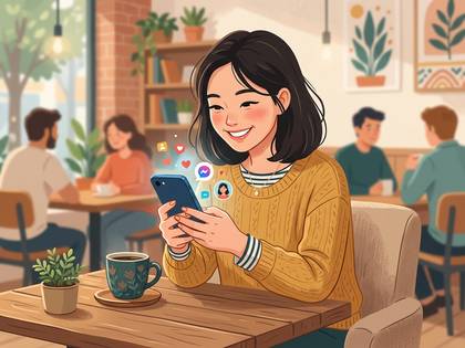 カフェでSNSを楽しむ笑顔の女性。