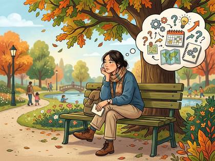 秋の公園でベンチに座り、旅行や今後の予定を計画する女性。