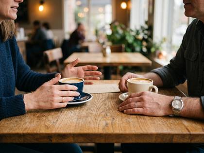 カフェでコーヒーを飲みながら会話する男女の手元。