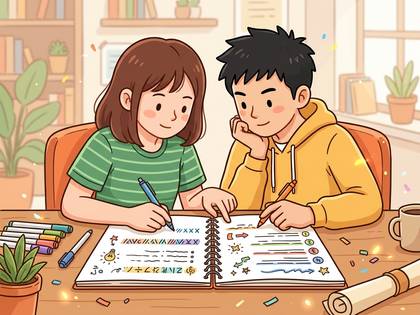 机でノートに書き込み、楽しそうに共同学習する男女の子供たち。