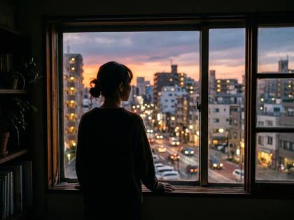 窓辺に立つ女性が、夕焼け空と都市の夜景を眺めている。