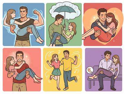 様々な状況で男性が女性を抱きかかえるカップルのイラスト集。