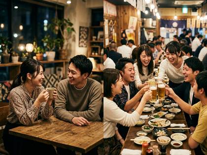 カフェで談笑する男女と、居酒屋で乾杯する友人たち。