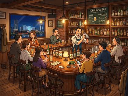 賑やかなバーで人々が談笑し、バーテンダーがカクテルを作る夜の風景。