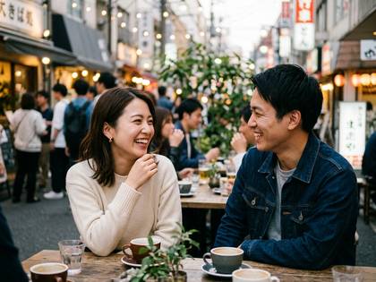 街中のカフェテラスで、楽しそうに笑い合う男女。