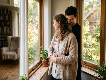 窓から外を眺めるカップル。男性が女性に寄り添っている。