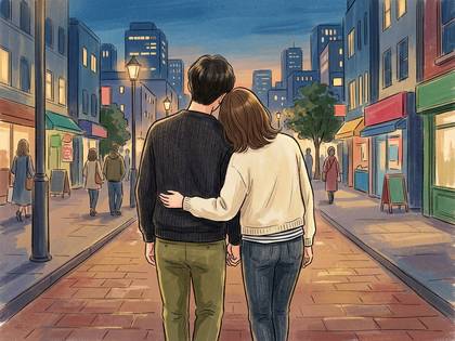 街灯が灯る夜の街を歩く、肩を抱き合うカップルの後ろ姿。