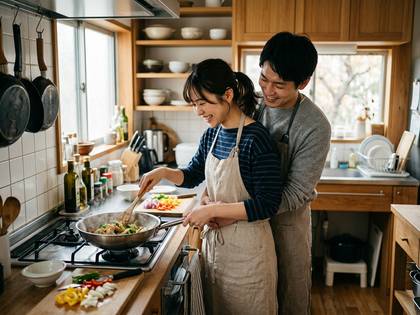笑顔の夫婦がキッチンで楽しく料理をしている。